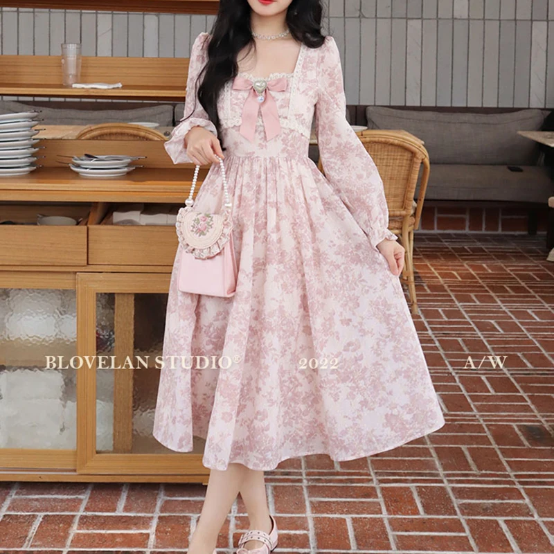 Koreańska słodka elegancka damska koronkowa koronkowa z nadrukiem długie sukienki w stylu Vintage kwadratowy kołnierzyk bufiaste rękawy księżniczka