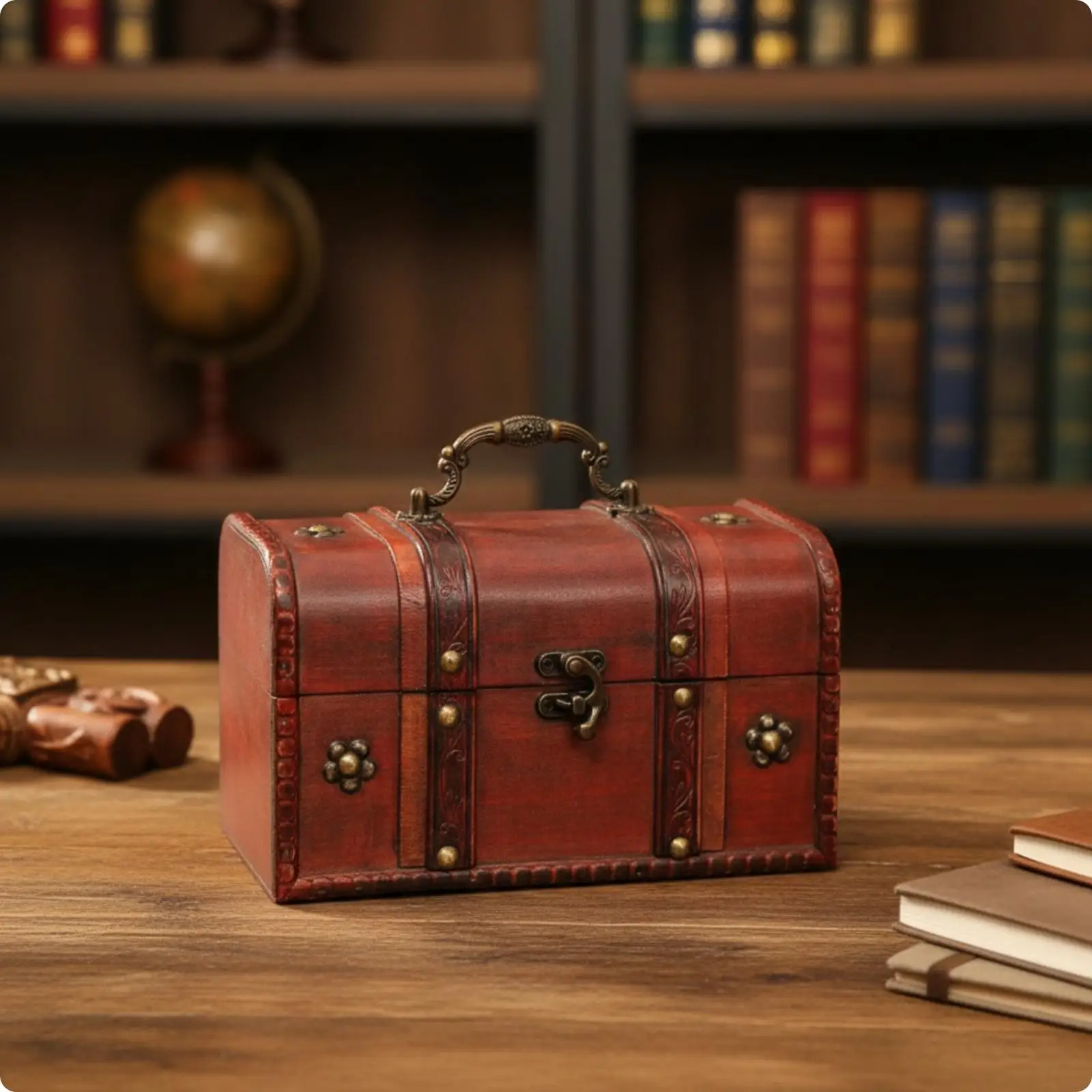 Distressed Wooden Keepsake Chest Storage Box Antique Red Vintage Design with Metal Fittings Jewelry Organizer for Photography