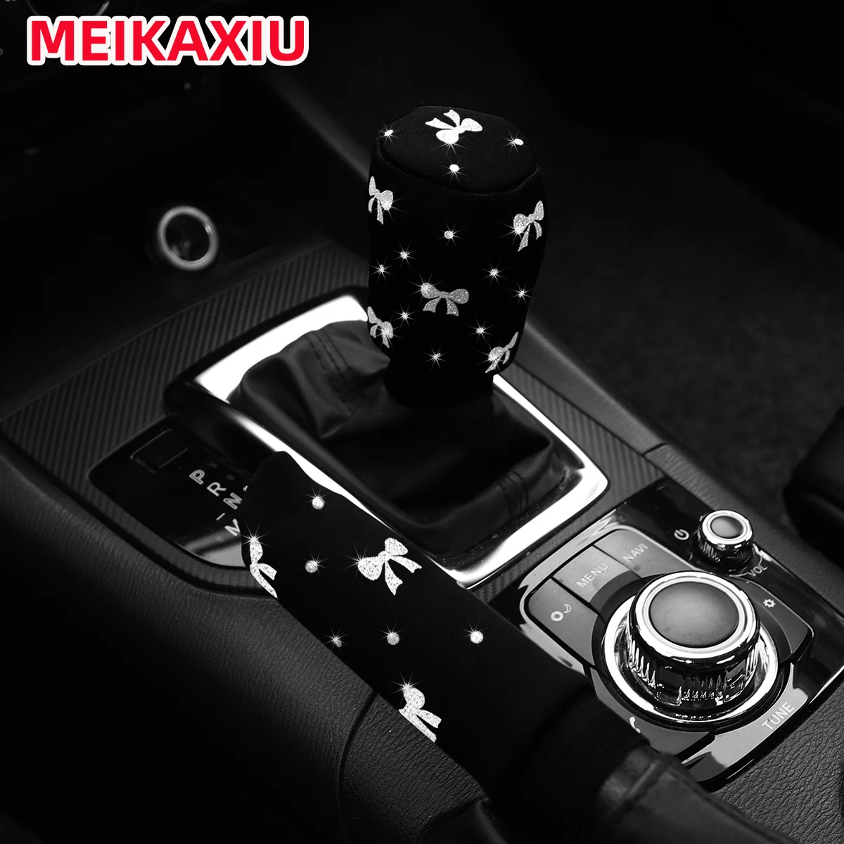 2 Set Gold-Embossed Butterfly Knot Fabric Car Accessories Shiny Blingbling Handbrake And Gearshift Cover Elegant Small Car Decor