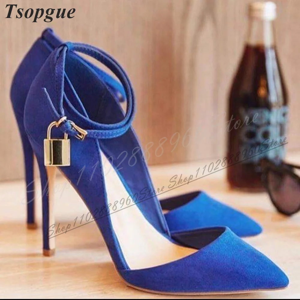 Luxury Blue Flock Key Lock Sandals Thin High Heel Women Shoes Ankle Buckle Strap Pointed Toe 2024 Fashion Zapatos Para Mujere