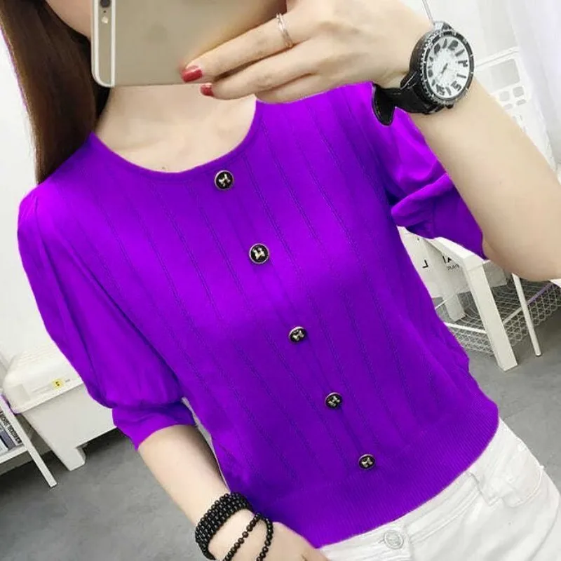 French Style Commuter Temperament Ice Silk Knitted Half-sleeved T-shirt 2024 New Round Neck Lantern Sleeve Button-up Top