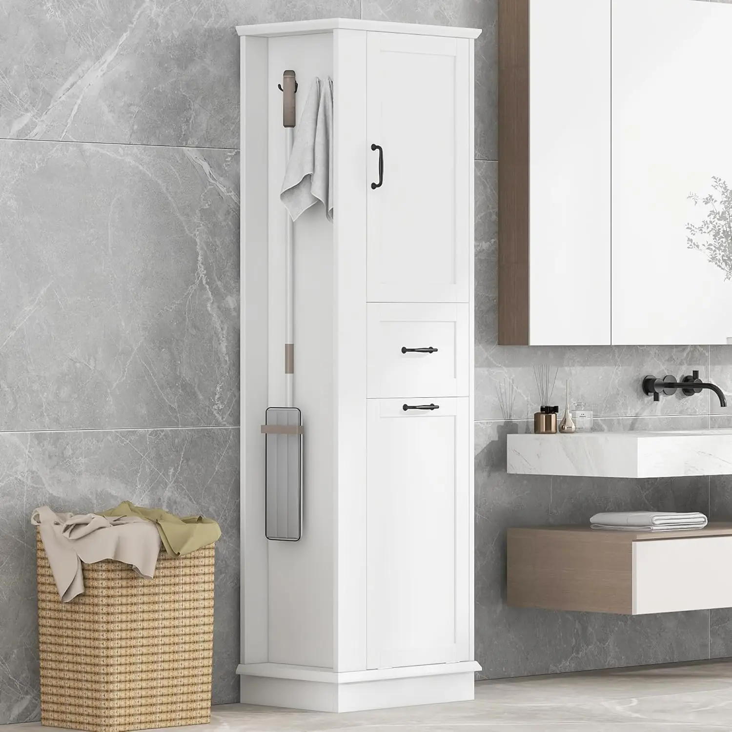 Tall Wood Laundry Cabinet with Tilt-Out Hamper, Door, Drawer & Adjustable Shelves, Freestanding Bathroom Storage, Customized
