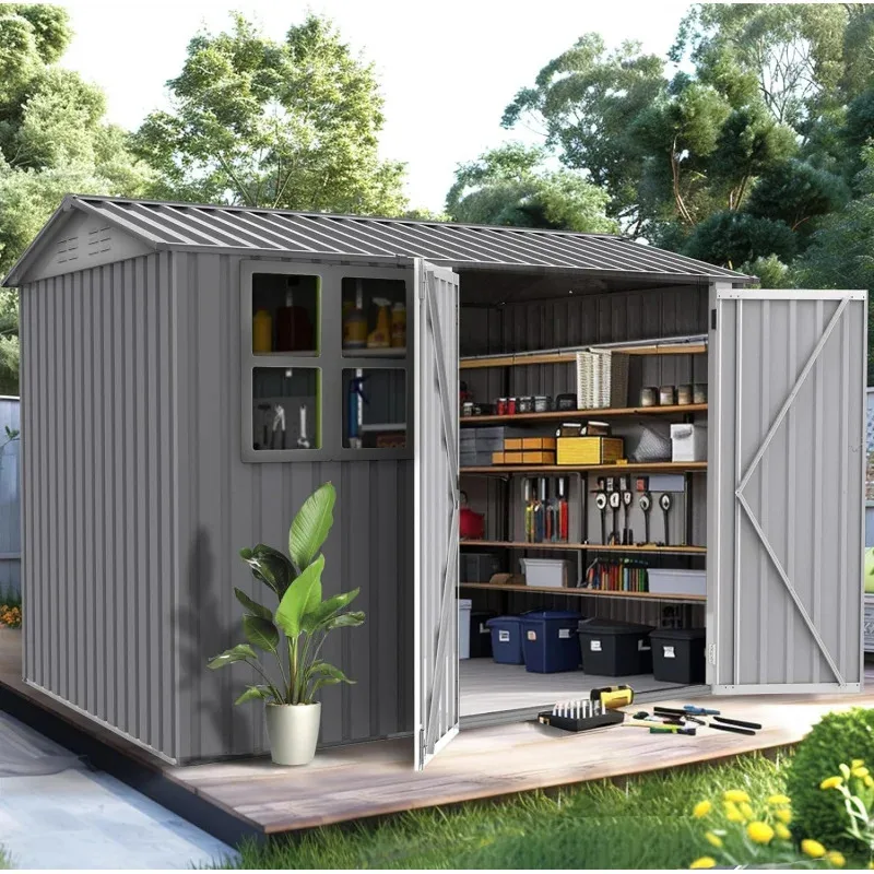 

QWMoorhome 8X6 футов напольное основание на открытом воздухе, металлический стальной сарай для хранения инструментов с дверью и замком, для Backya