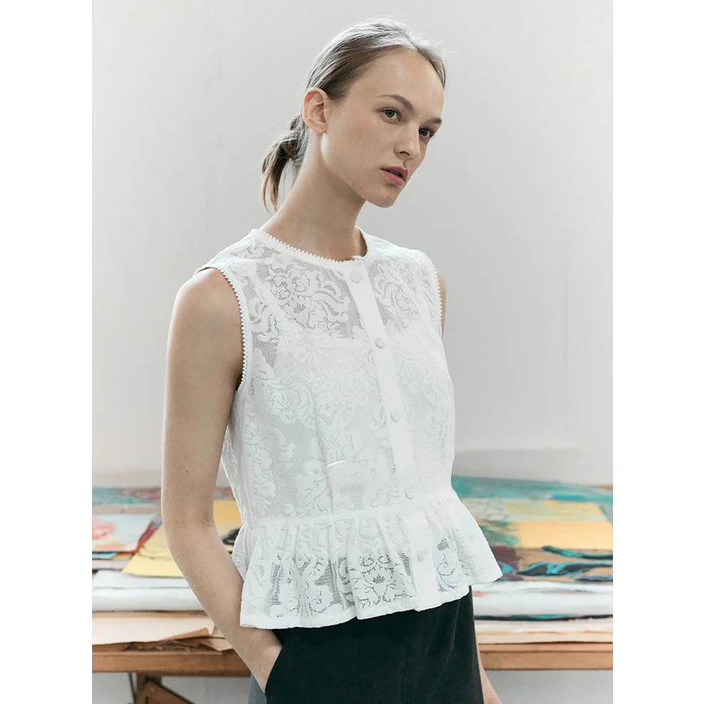 

Ele Hollow out Heavy Embroidery Svel Top round Ne Versatile Slimming irt Korean Sle Commute Pure Color Summer