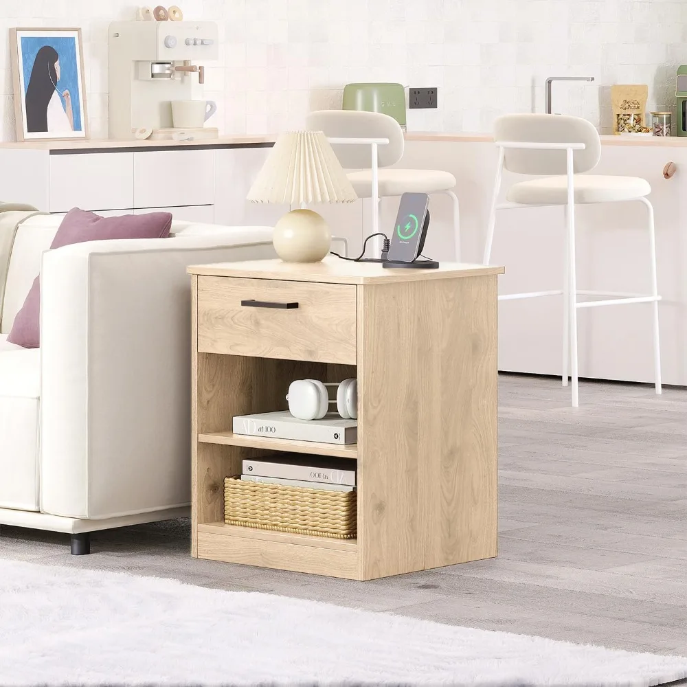 Everyday Side Table with Fast Charging Station - End Table with Optional Adjustable Shelf for Bedroom Set of 1