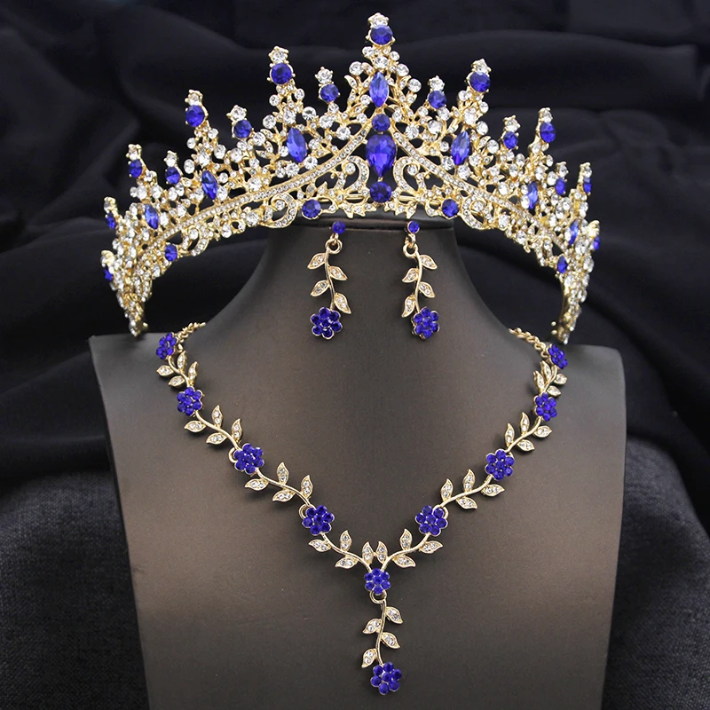 Royal Queen Crown Bridal Jewelry Sets for Women 3 Pcs Bride Tiaras and Necklace Set Girls Party Birthday Wedding Accessories