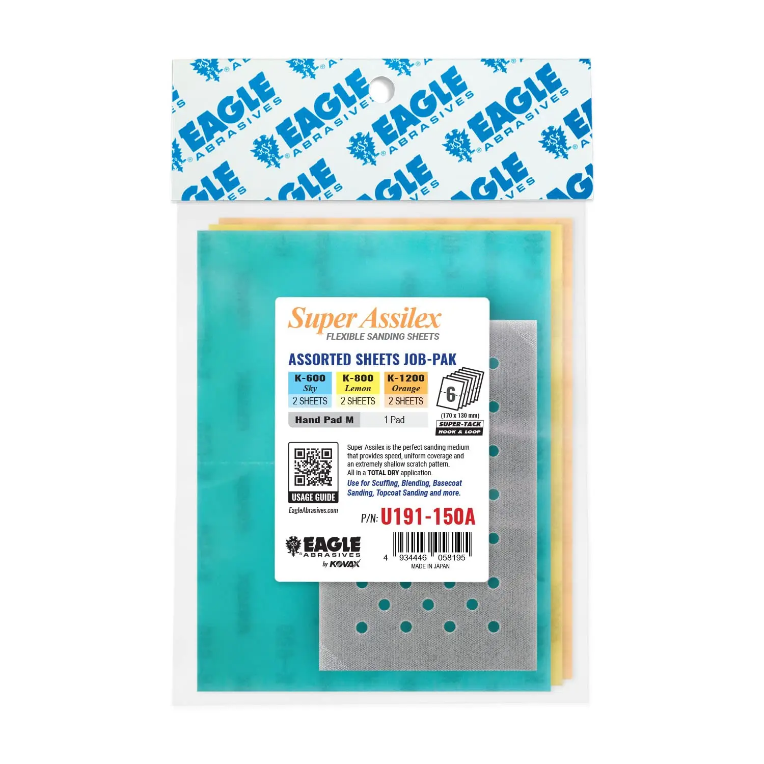 

Super Assilex Flexible Sanding Sheets Job-PAK, Assorted K600-K1200, U191-150A, 6 Sheets + 1 M Hand Pad for Half Sheets