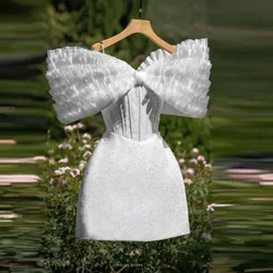 SERENDIPIDTY-Vestido corto con purpurina blanca para mujer, elegante vestido plisado con hombros descubiertos, lentejuelas brillantes, vestidos de fiesta de cóctel, hecho a medida