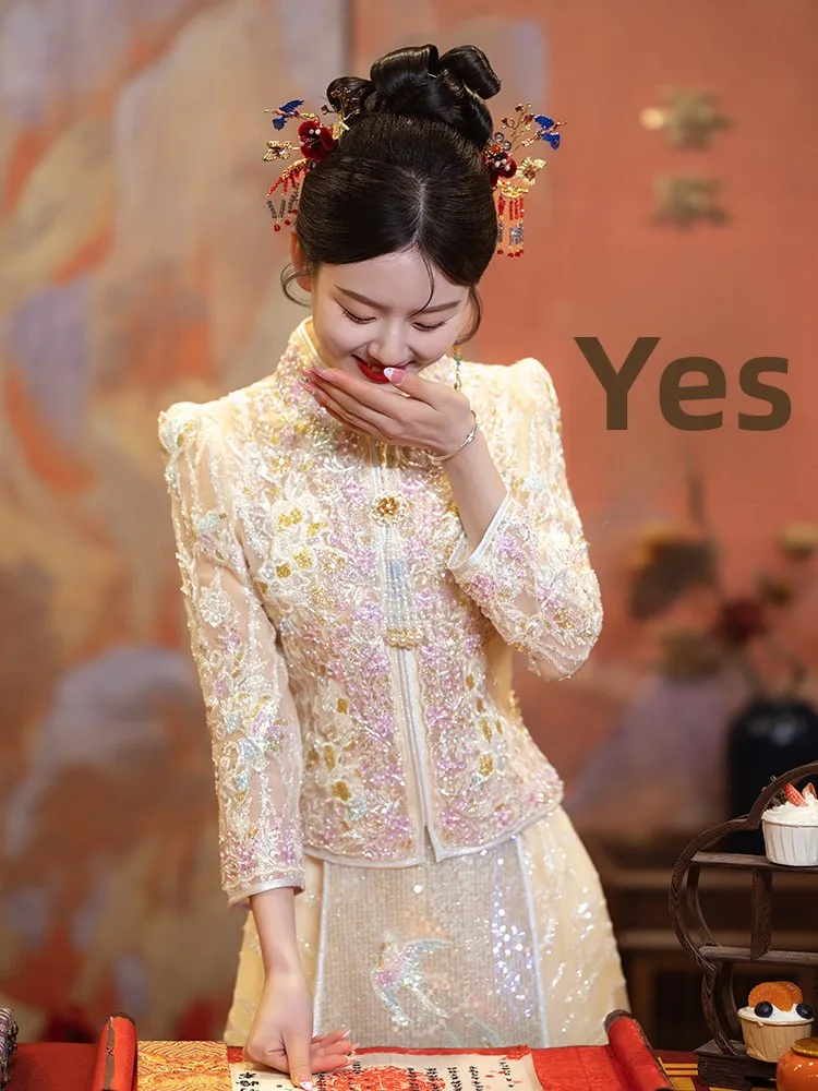 

Новое свадебное платье цвета шампань, летнее, розовое, традиционное китайское, из полиэфирного волокна светлых тонов