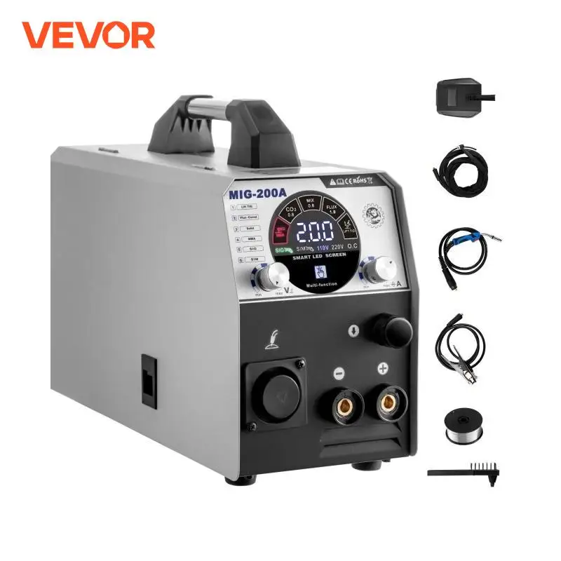 VEVOR 200A MIG Welder Flux Core TIG MMA saldatrice semiautomatica MIG-200A strumento di fabbricazione per riparazione di metalli in acciaio alluminio 6 in 1