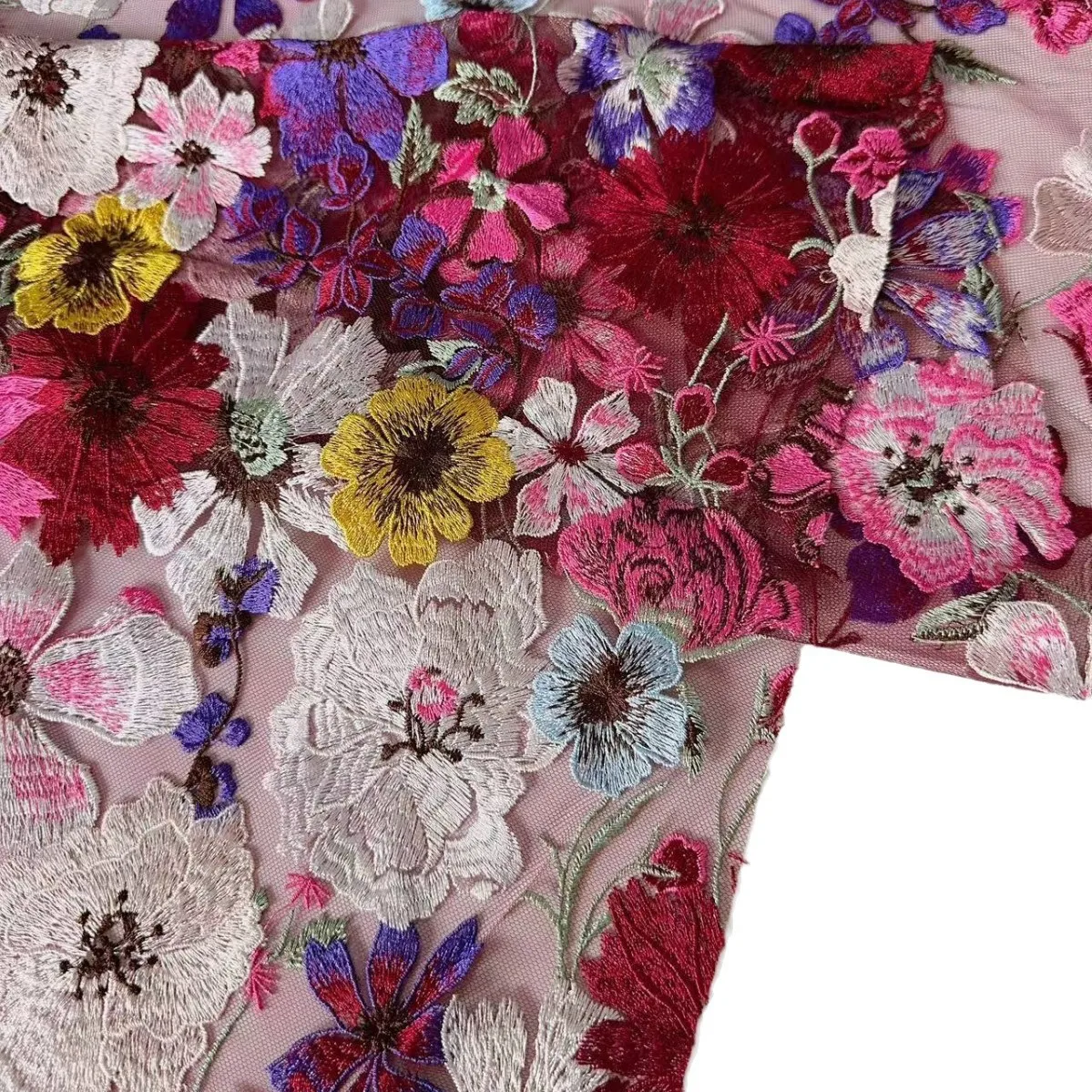 5 Yards Mesh Multi-Color Flower Embroidered Cloth Fairy Dress Cheongsam Designer Fabric