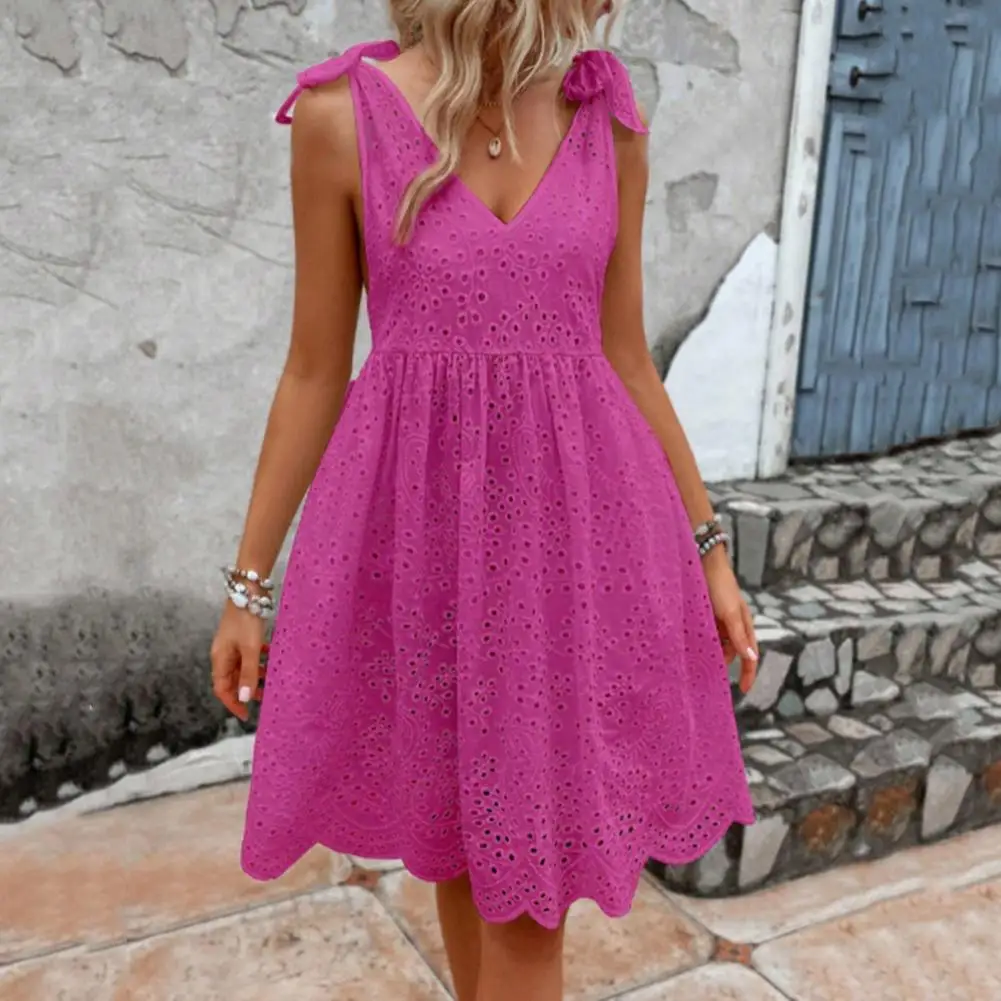 

Women Dress Elegant Lace-up Shoulder Midi Dress with Pleated A-line Design V Neckline for Summer Parties Dating Events Shopping