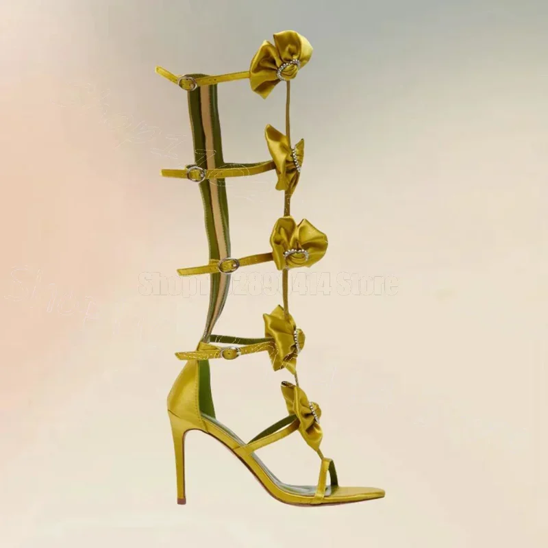 

Yellow Bow Knot Crystal Heart Hollow Design Sandals Back Zipper Women Shoes Thin High Heels Party Feast 2026 Zapatos Para Mujere