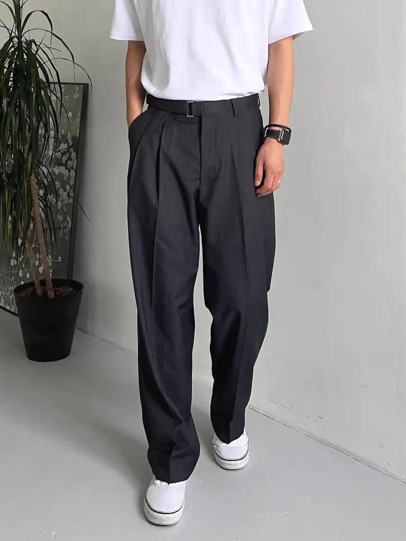 ルーズストレートレッグメンズワークウェアパンツパリバックルデザインカジュアルスーツパンツ若々しい活力スタイルオールシーズンベーシックカラー
