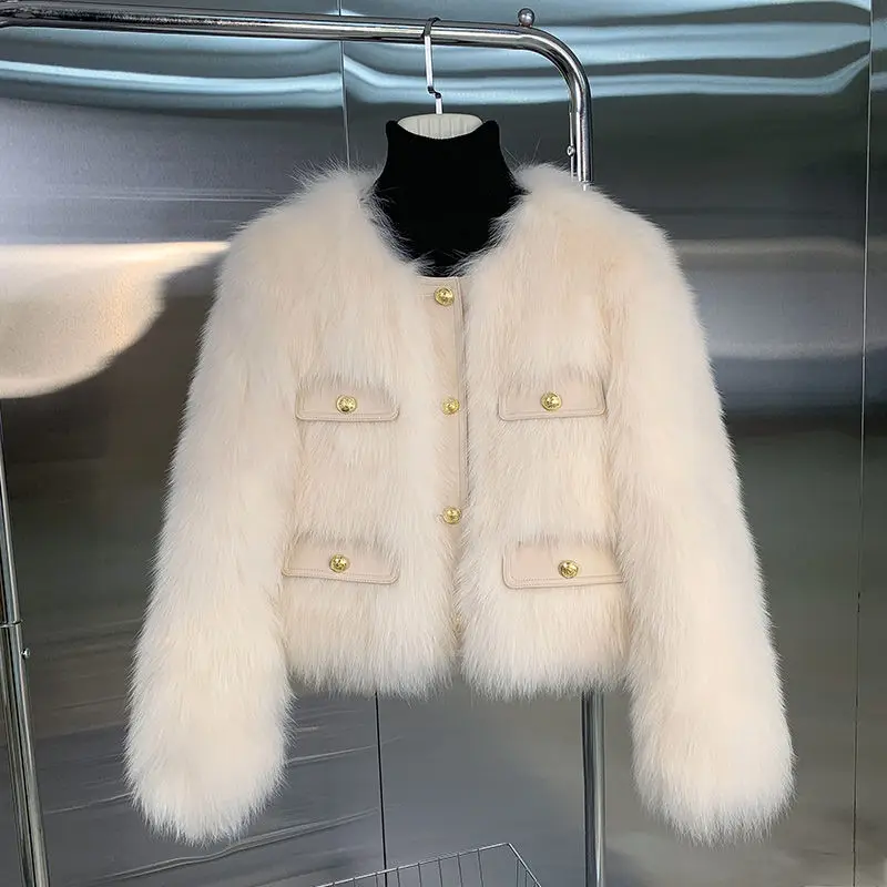 

Women's Models Fall Winter Coat Coat Small Perfume Wind Imitation Fox Fur Fur Outwear Design Sense Luxury Brand Simple Fashio