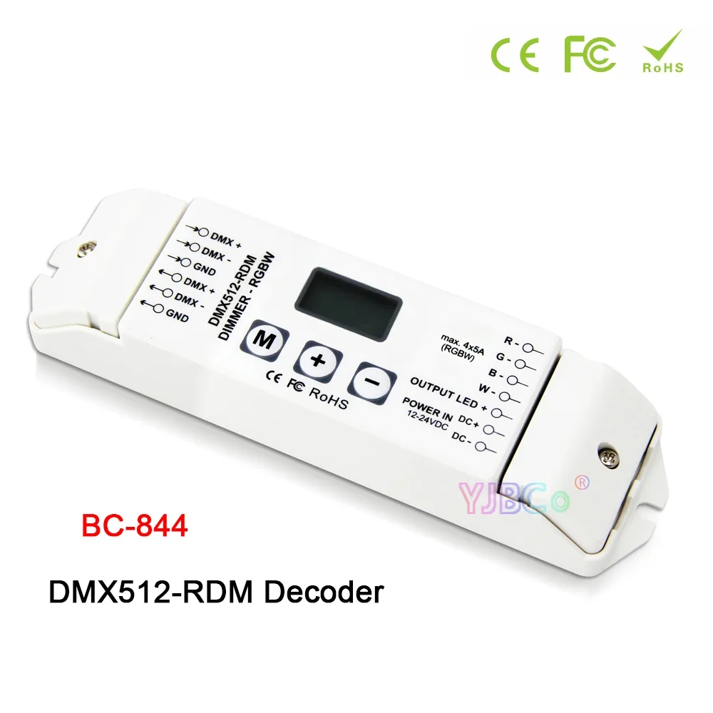 

BC-844 single color/CCT/RGB/RGBW LED Strip Controller 4 channel switch Dimmer 12V-24V Light Tape DMX512 RDM Decoder OLED screen