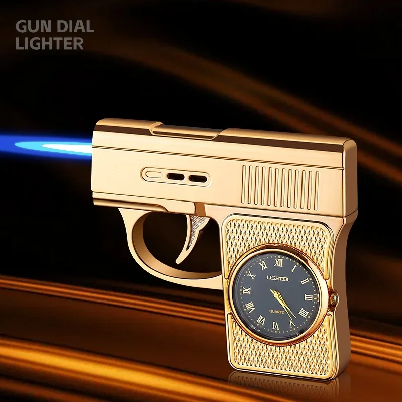 HOT Creative Gun Type True Watch Windproof Jet Blue Flame Butane Gas Torch Lighter Outdoor Funny Portable Cigar Lighters Smoking