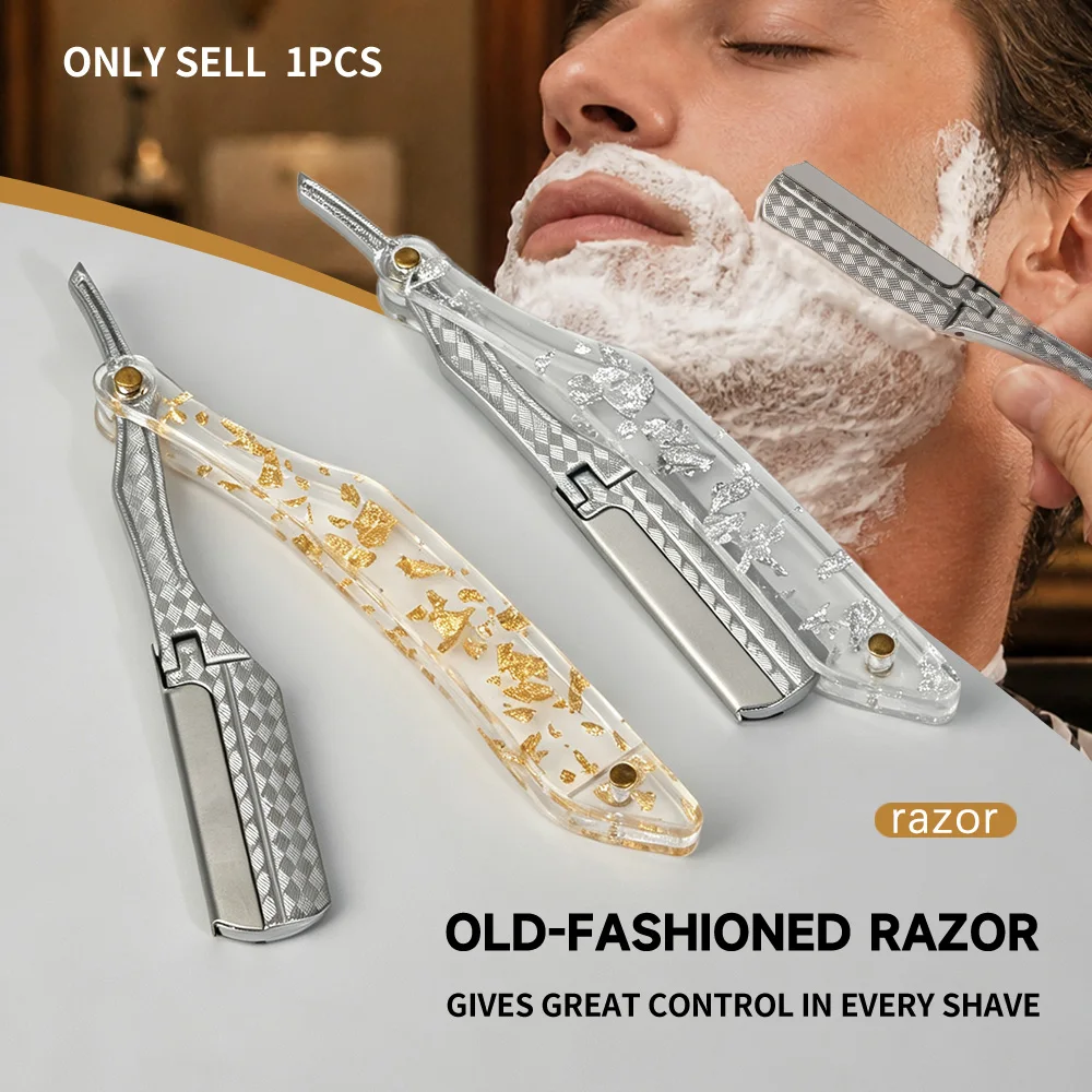 Luxurious Gold and Silver Foil Inlaid Razor Stand, Vintage Salon Straight Razor Stand, Checkered Non-Slip Metal Razor Head with Replaceable Blades, Men's Shaving Tool, Blades Not Included