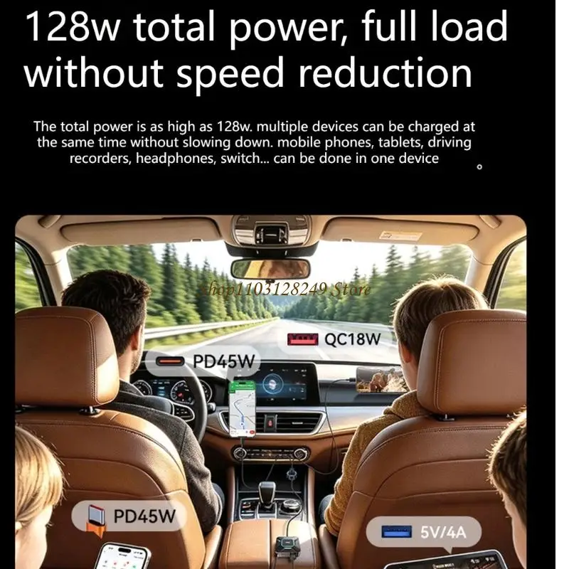 N5KD 7-Connection Vehicle Power Adapter with USB-A and Type C Charging, Built-In Retractable Type C Cable, LED Display and
