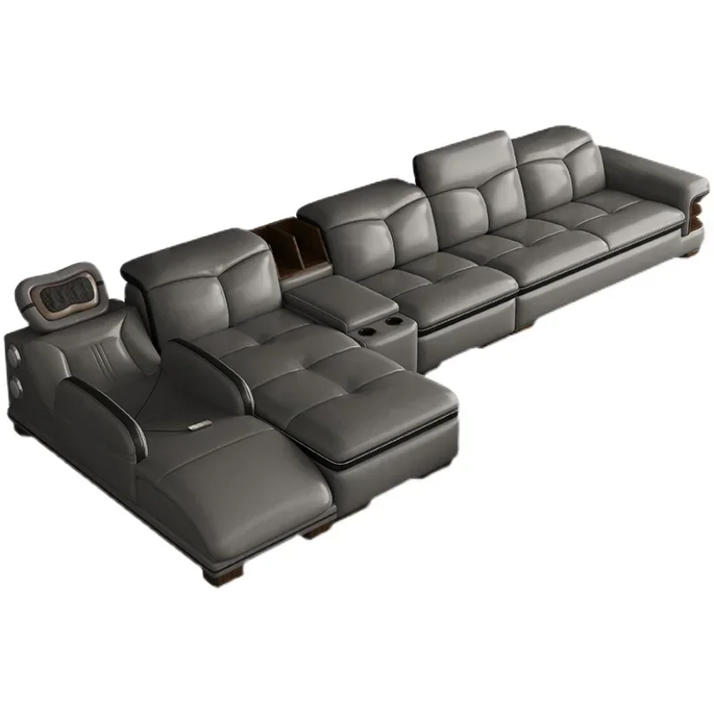 Smart leather sofa massage for left and right noblewomen, cowhide solid wood living room corner small unit