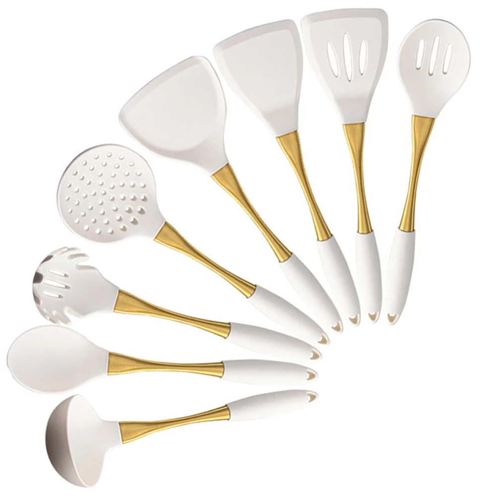 1/8Pcs White Gold Silicone Kitchenware Cooking Utensils Spatula Turner Heat-resistant Pasta Colander Shovel Kitchen Accessories