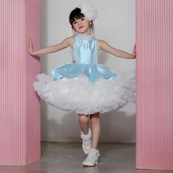 Blauwe Tule Bloem Meisje Jurk Voor Bruiloft Gezwollen Vloer Lengte Gelaagde Kinderen Verjaardag Baljurk Eerste Communie Jurk 2024