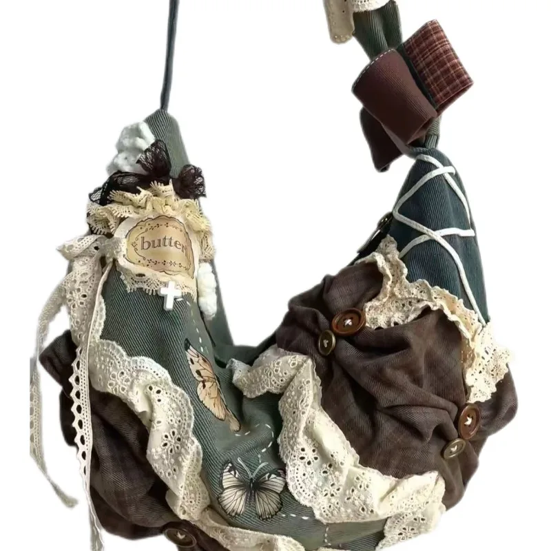 

Vintage Dumpling Niche Design Splicing Bow Lace Bag Large Capacity Commuter Shoulder Tote Messenger Bag Exquisite Personality
