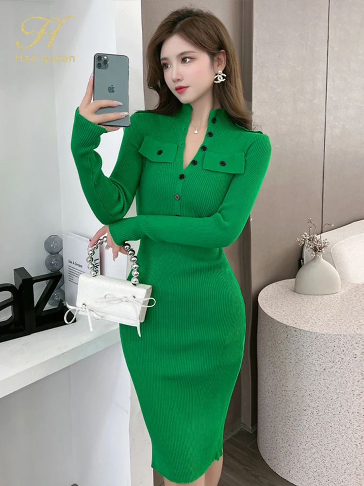 H Han Queen Autumn Winter Bottoming Office Pencil Elastic Knitted Dress Women Sheath Dresses Work Party Bodycon Vestidos