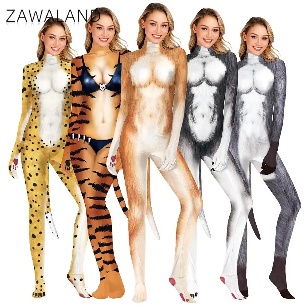 

Zawaland Woman Dog Petsuits Leopard Husky Tiger Printed Full Bodysuits Carnival Disguise Clothes Crotch Zipper Costume with Tail