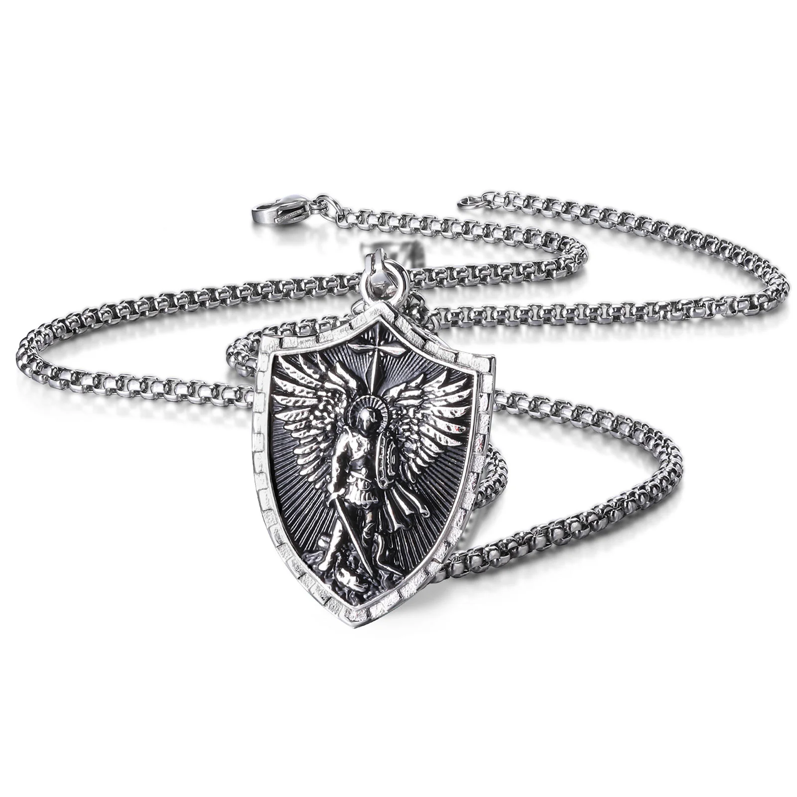 

Stainless Steel St. Michael Shield Necklace for Men,Vintage Oxidized Saint Michael Pendant,Catholic Protection Jewelry Gift