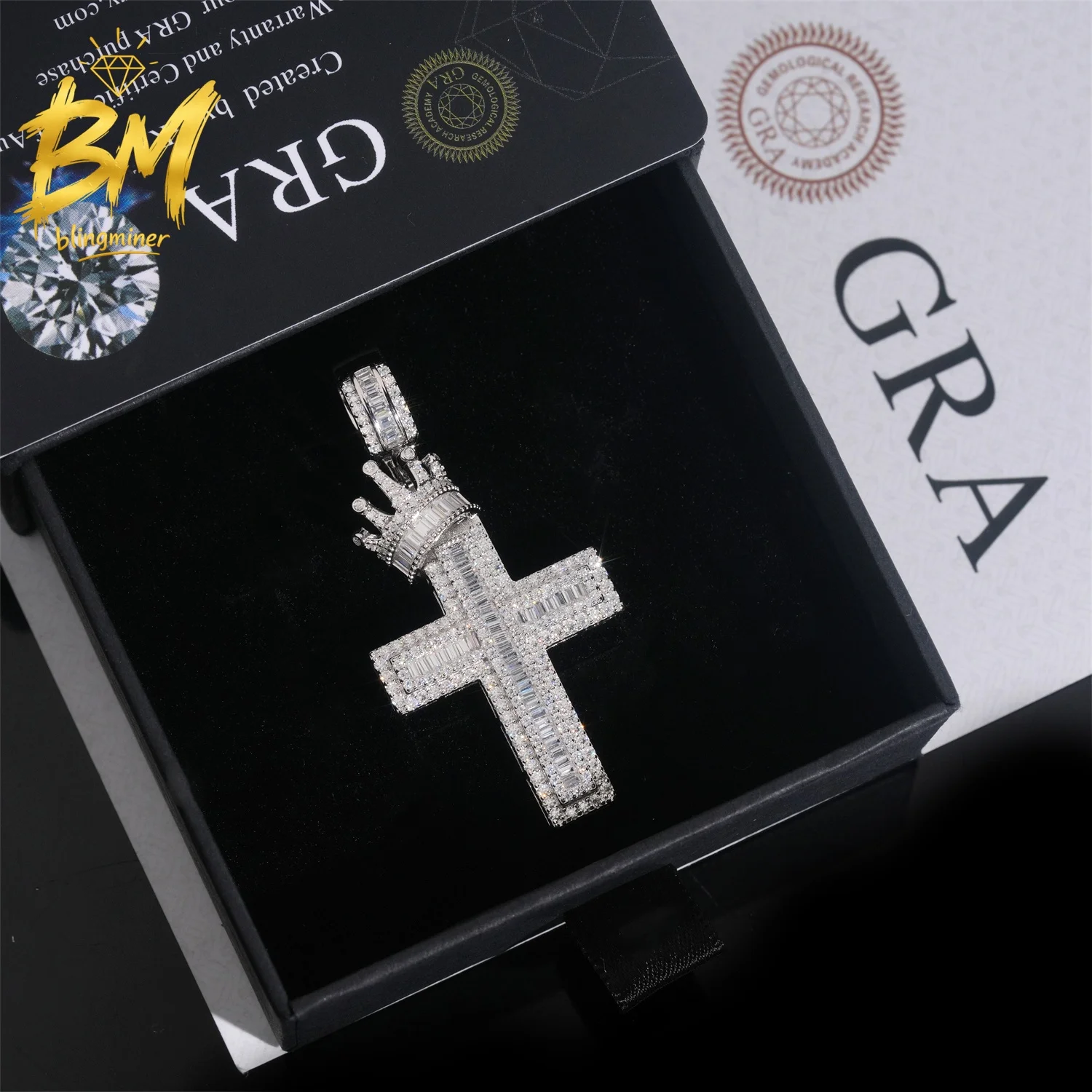 Blingminer Iced Out Cross Crown S925 Silver VVS Moissanite Pendant For Men Women Pendants Jewelry Pass Diamonds Tester GRA
