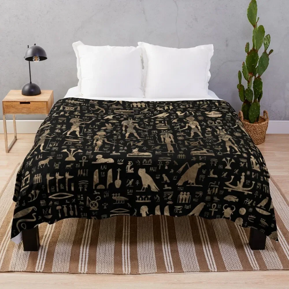 

Ancient Egyptian Gods and hieroglyphs - Black and gold Throw Blanket Thin Softest Blankets