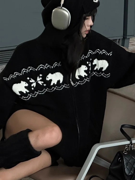 Retro Style Hooded Zipper Knitted Jacket Shorts Set Women's Autumn Winter Lazy Sweater Pants Two Piece Set Fashionable Casual...