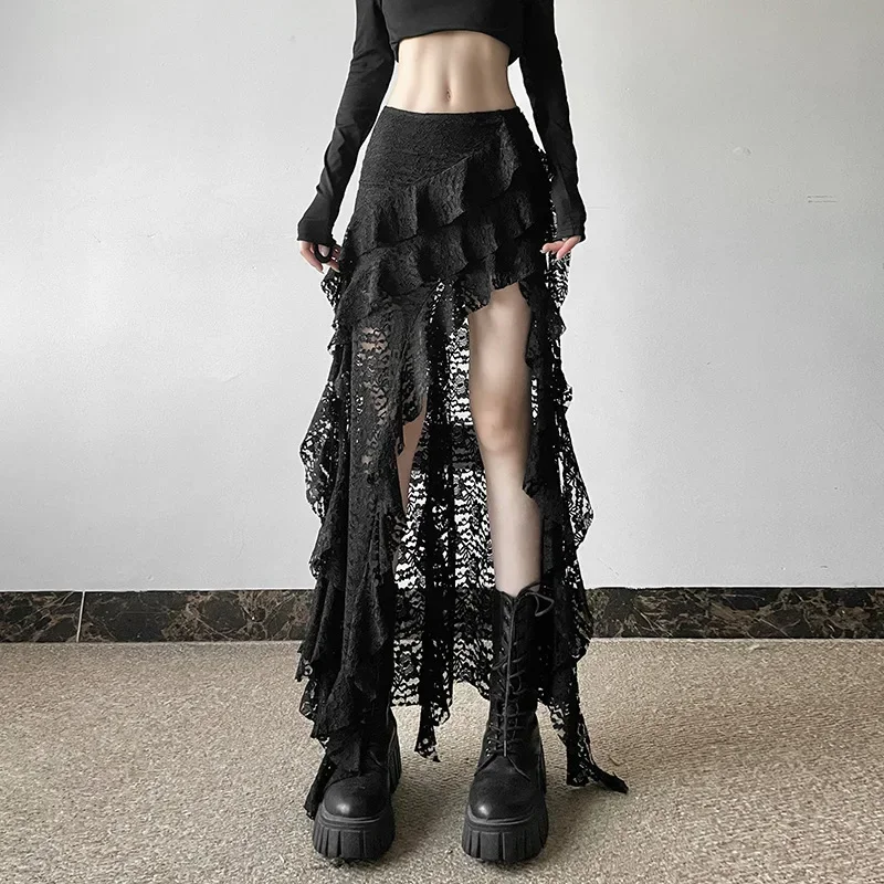 

2025 New Black Lace Skirt with Slit Irregular Ruffles, Dark Mid-length, Short Front and Long Back Layering Dress