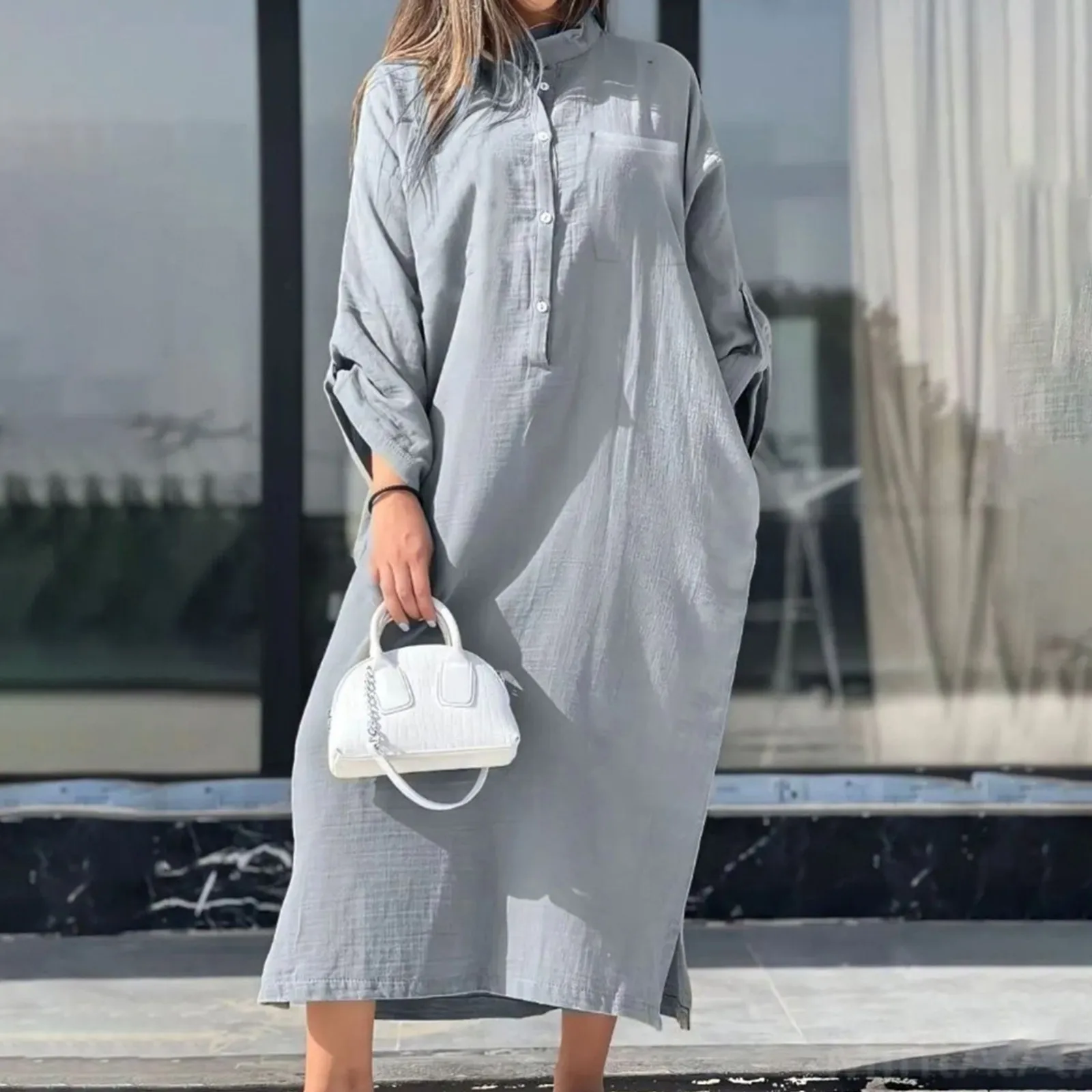 

Ladies' Fashionable Casual Solid Color Long Dress Shirt Collar Button Casual Dress Summer Dresses Woman Vestidos Elegantes