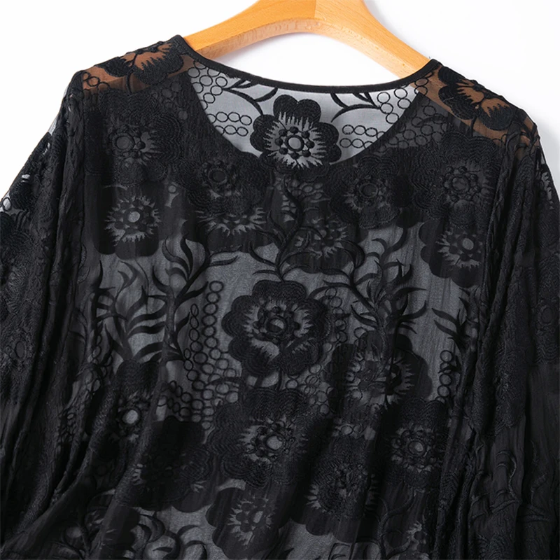 Women Silk Blouse 100% Mulberry Silk Embroidery Thin Transparent White Black O Neck 3/4 Sleeve Shirt Top Pullover L XL M1153