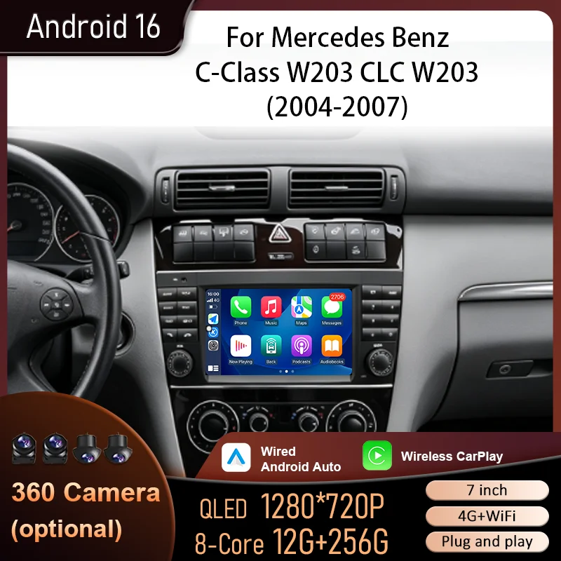 7 inch for Mercedes Benz C-Class W203 CLC W203 2004-2007 Android 16 BT 4G WiFi GPS QLED HD Touch FM RDS Split Screen Head Unit