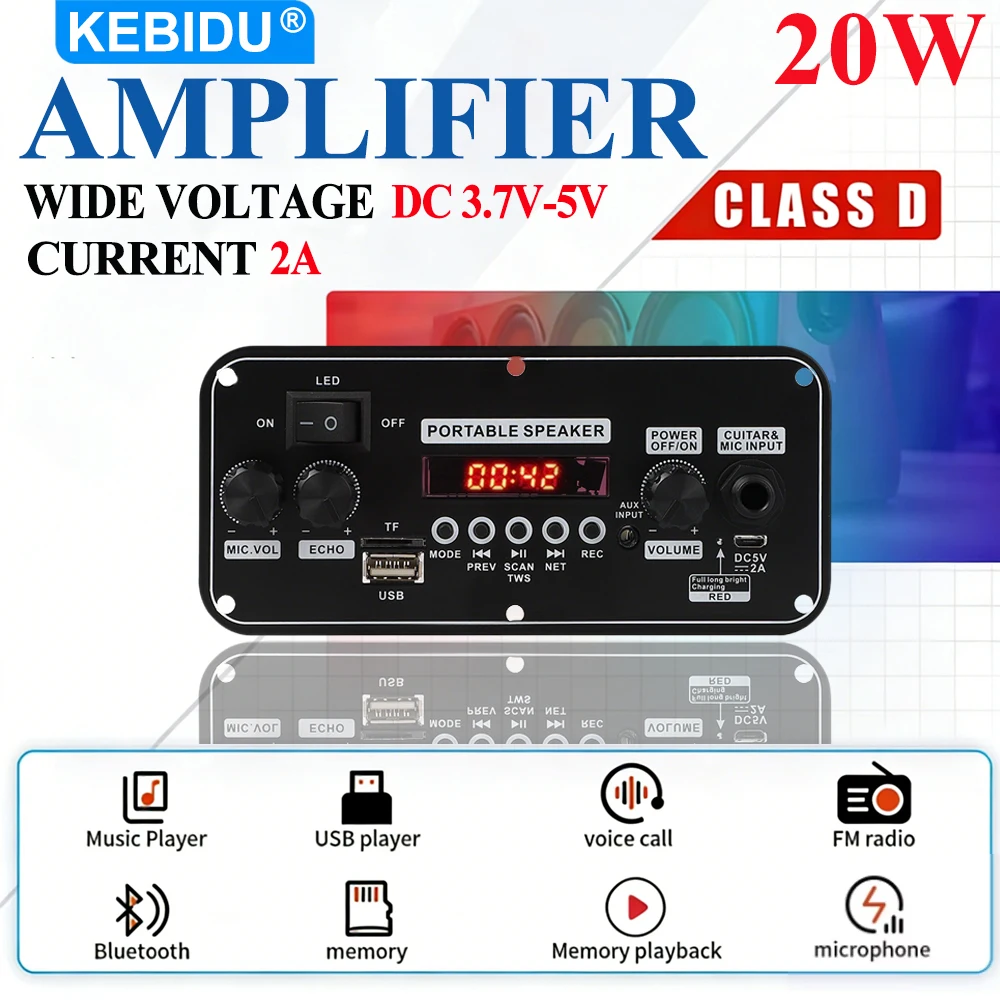 KEBIDU Bluetooth WMA WAV Decoding Board 20W Audio Amplifier DC 3.7-5V MP3 Player Home Car Music Player Module TF FM Radio Mic