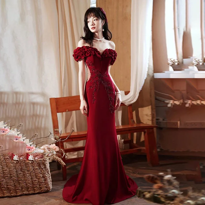 

Evening Dress Short Sleeve Luxurious Mermaid Boat Neck Appliques Floor-Length Burgundy Zipper Back Woman Formal Party Gown A2448