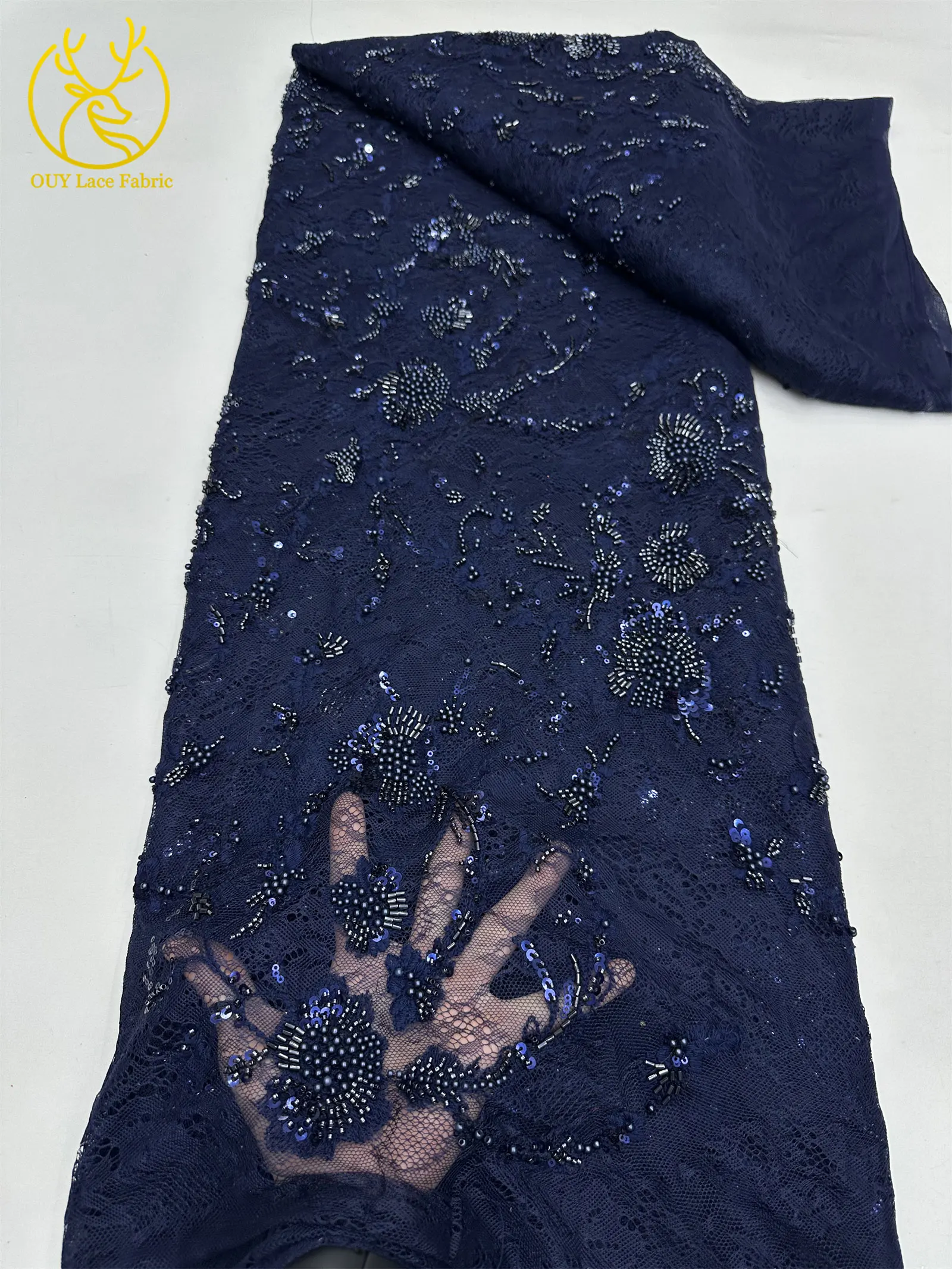 Afrikanischer Spitzenstoff, französische Kordelstickerei, Perlen, Pailletten, Tüllnetz für Damen, Hochzeit, Party, Kleid, Nähen, hohe Qualität, 5 Yards – Detail 5
