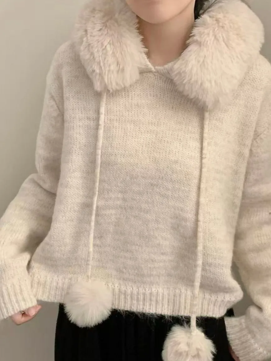 

Korean Sle Long Sve Knitted Sweater Coat Women's ort Loose Knitted irt Fur Collar Autumn Season Faion Ladies' Wear