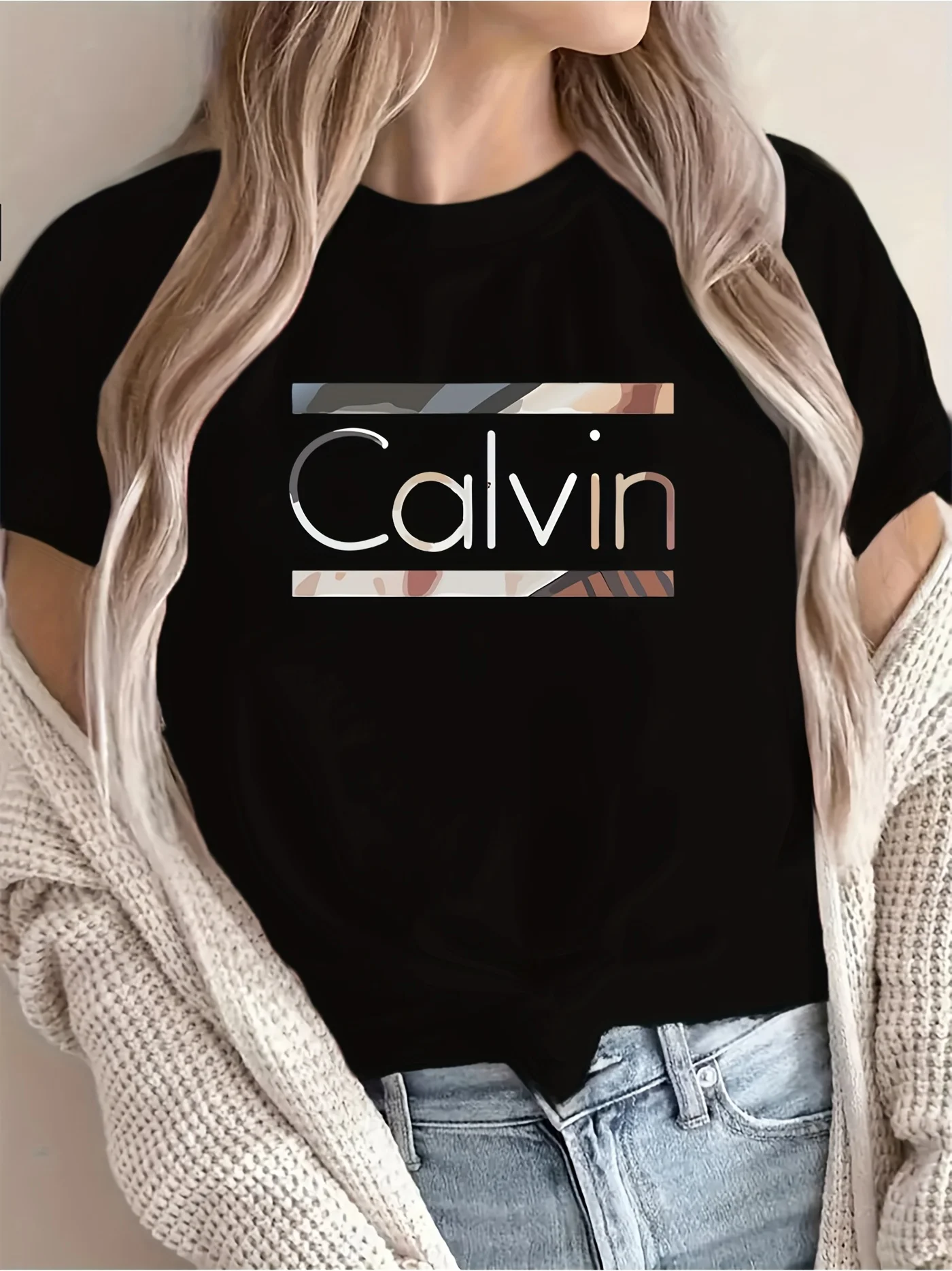 

Женская яркая желтая футболка с рисунком Calvin — повседневная футболка с круглым вырезом с короткими рукавами, геометрический принт,
