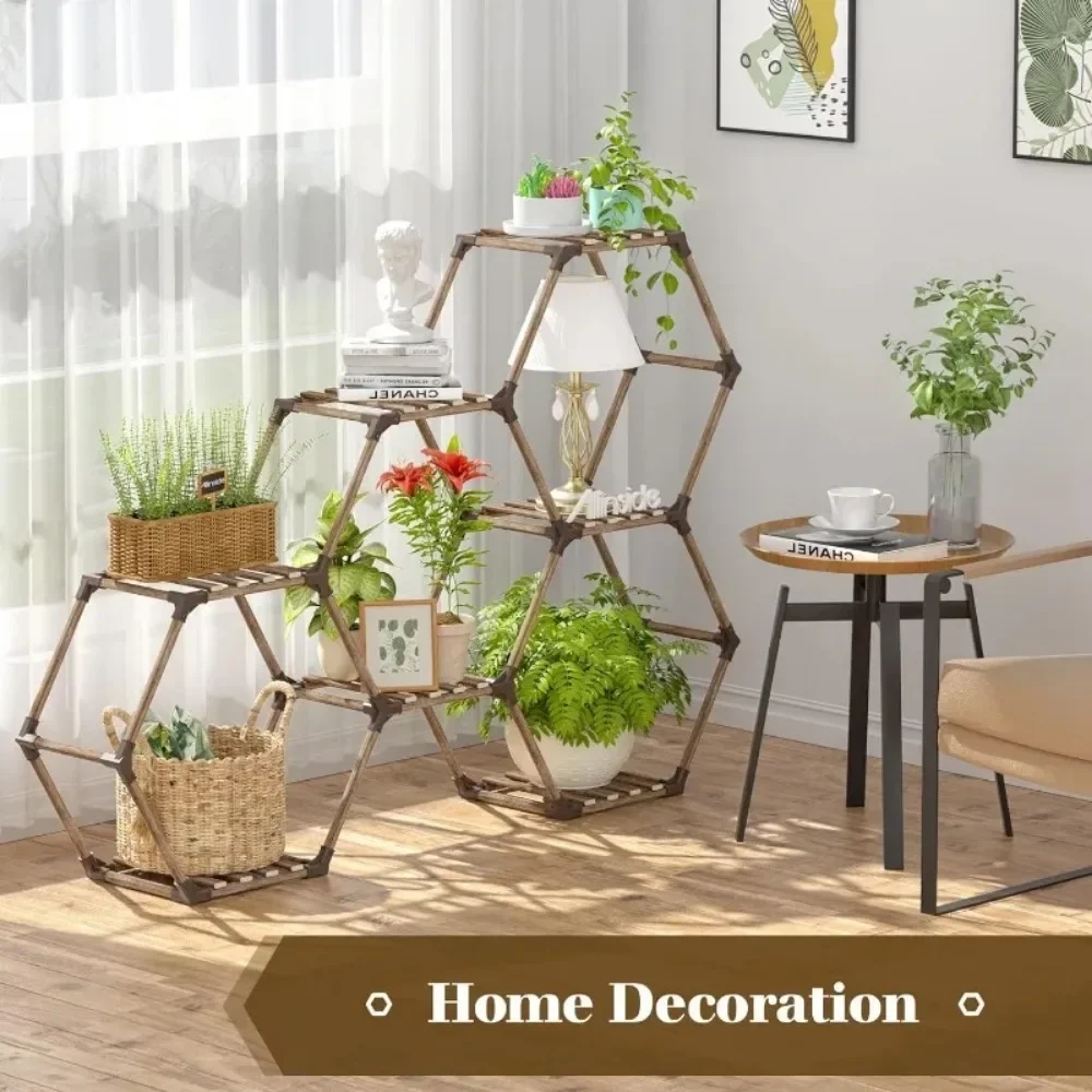 Soporte Hexagonal para plantas de interior, estante de madera para plantas al aire libre, escalera, soporte de maceta Transformable para esquina