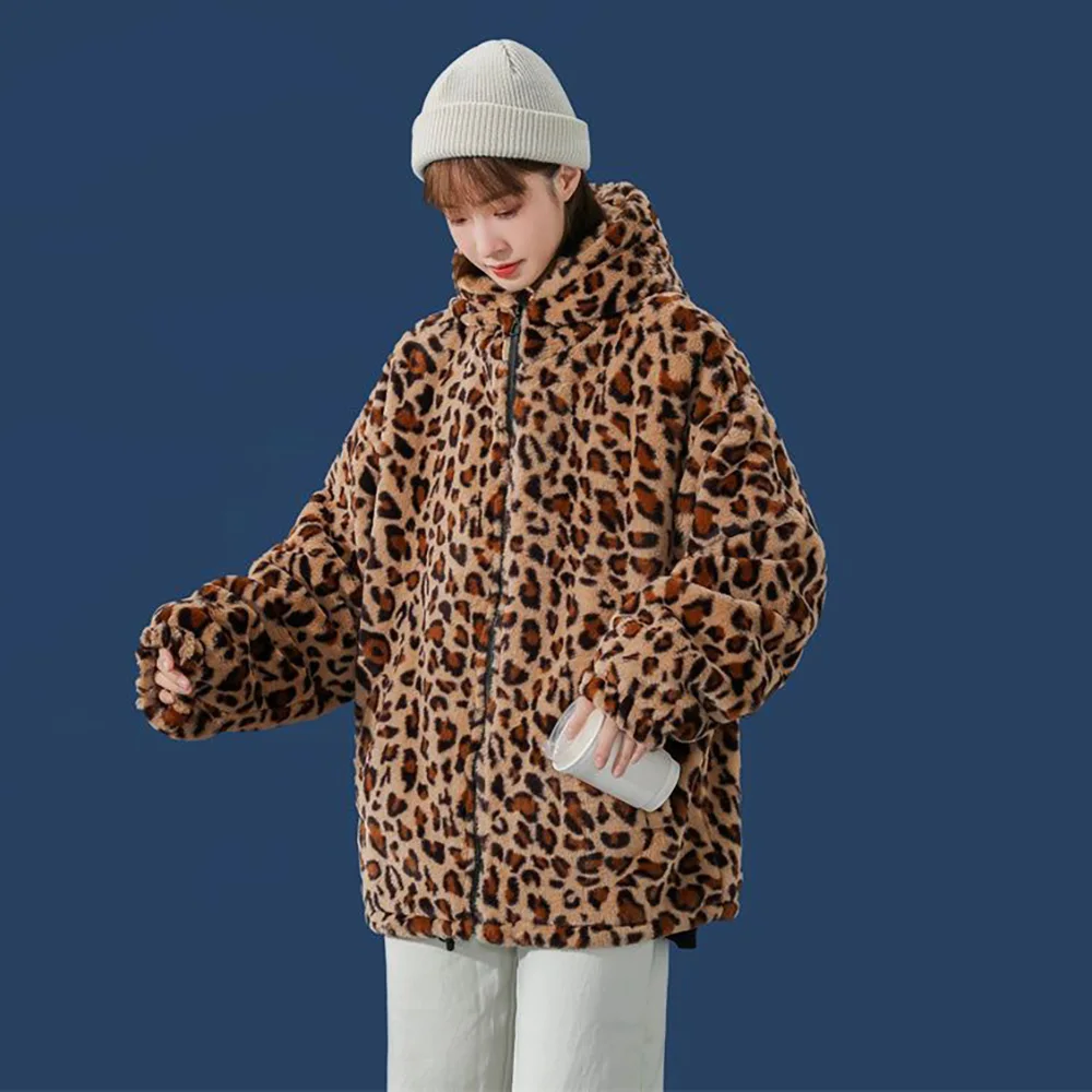 Winter Loose Cotton-padded Men's Coat Lamb Plush Imitation Rabbit Hair Fashion Couple Leopard Print Cotton-padded Jacket  Tide.