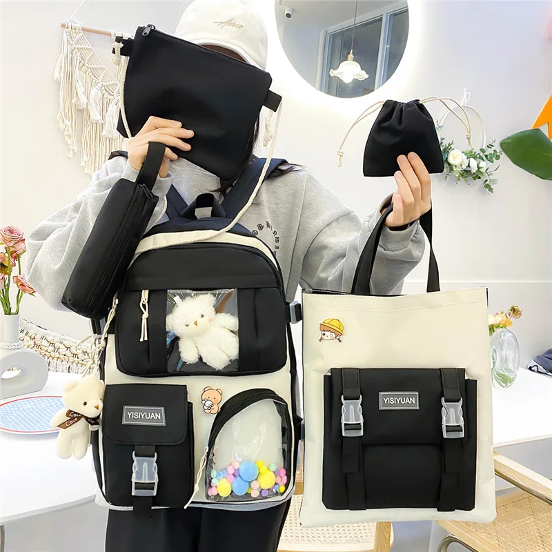 Casual Four Piece Student Backpack Set For Women Wear Resistant Oxford Large Capacity College School Hand Tote Storage Bag Kit