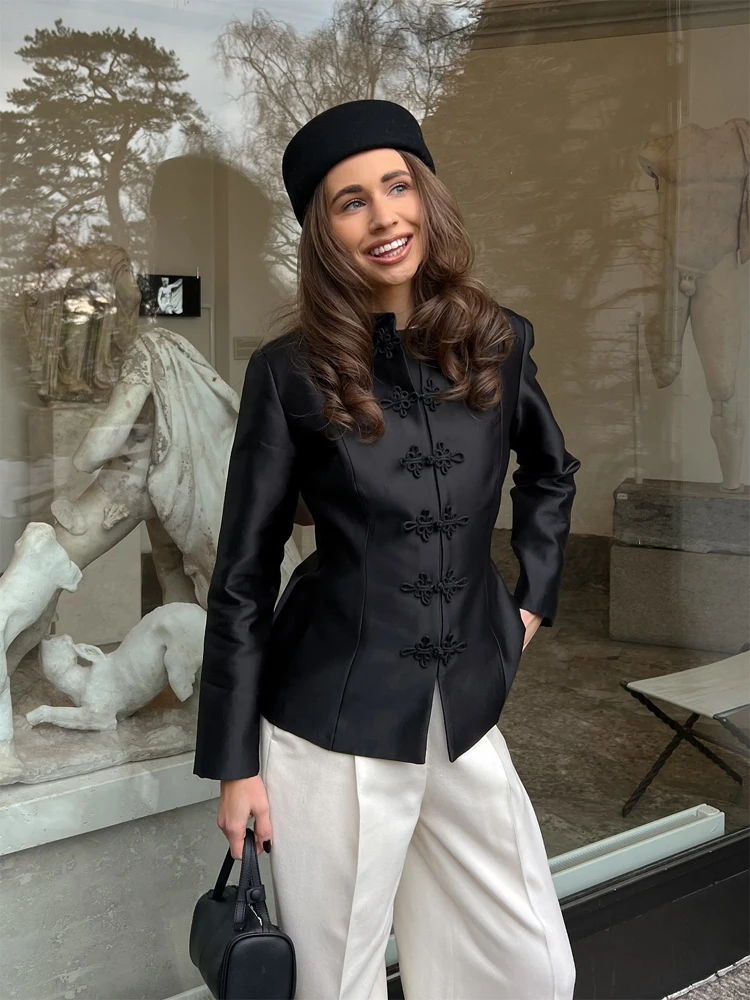 Satin Knot Button Short Coat Women Retro Full Sleeves Waist Cinching Single Breasted Coats 2026 New Lady Spring Daily Wear New