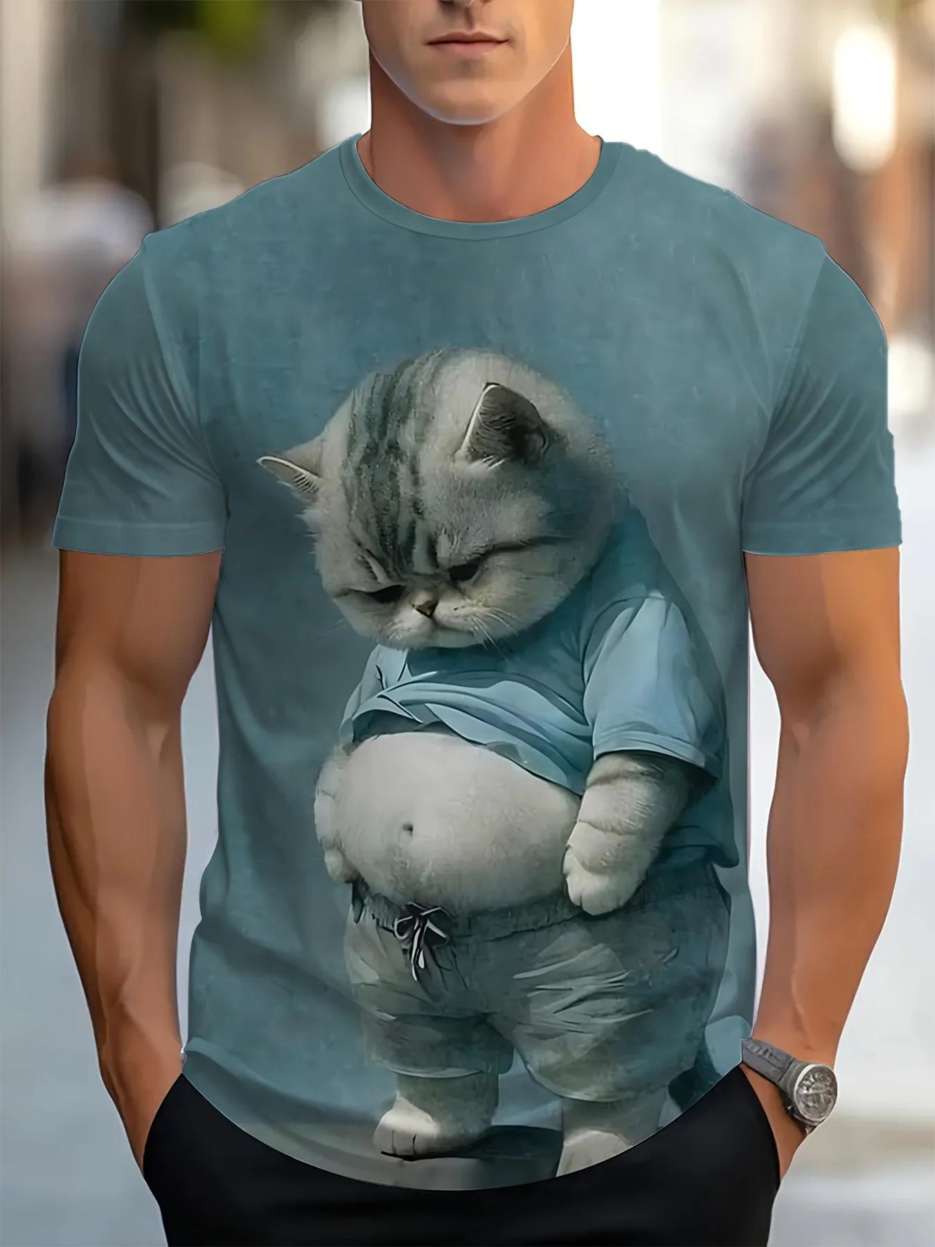 2025 Śmieszny gruby kot z nadrukiem T-shirt z krótkim rękawem T-shirt z nadrukiem 3D Modna koszula z dekoltem Zielona letnia wiosna Urocza odzież Odzież