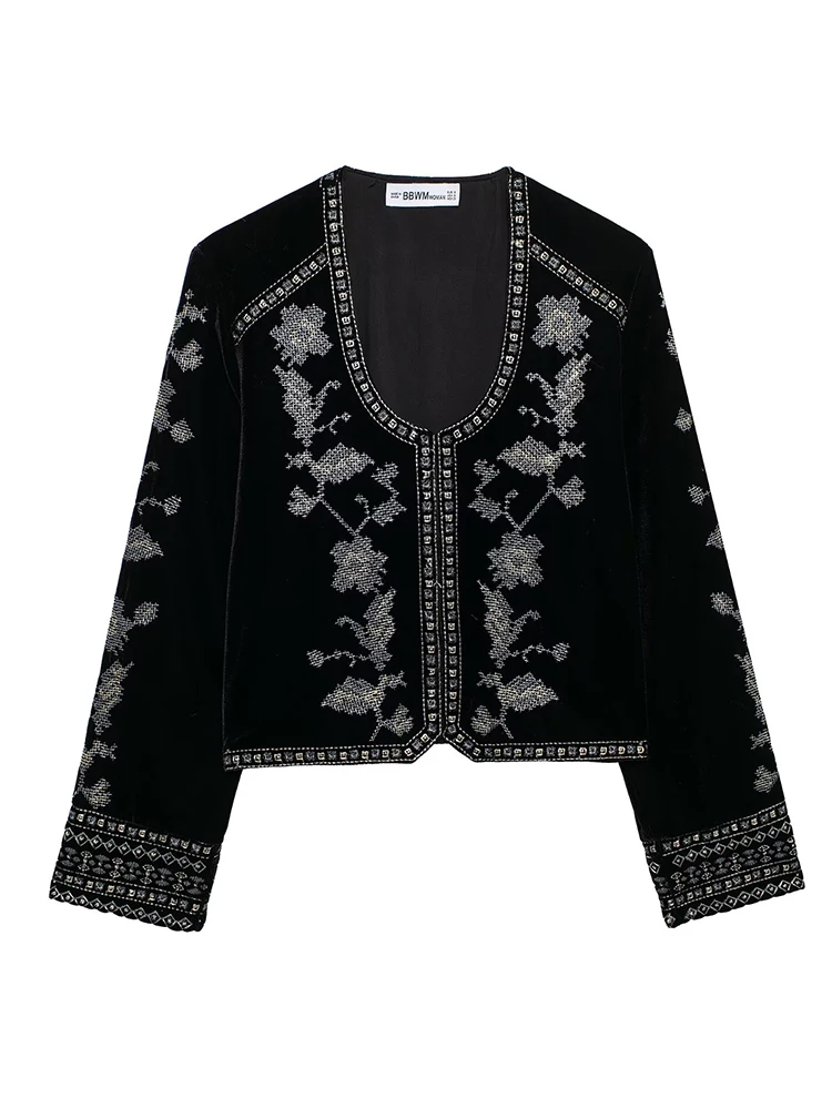 

Женская бархатная куртка, осень-зима 2022, новая модная верхняя одежда с круглым вырезом и длинными рукавами, вышивкой, женская элегантная куртка для отдыха