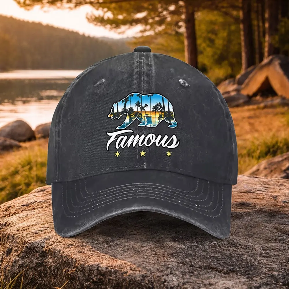 Famous California Bear Print Washed Duckbill Cap - Unisex Adjustable Suitable for Golf, Casual Wear & Outdoor, Lightweight Baseb