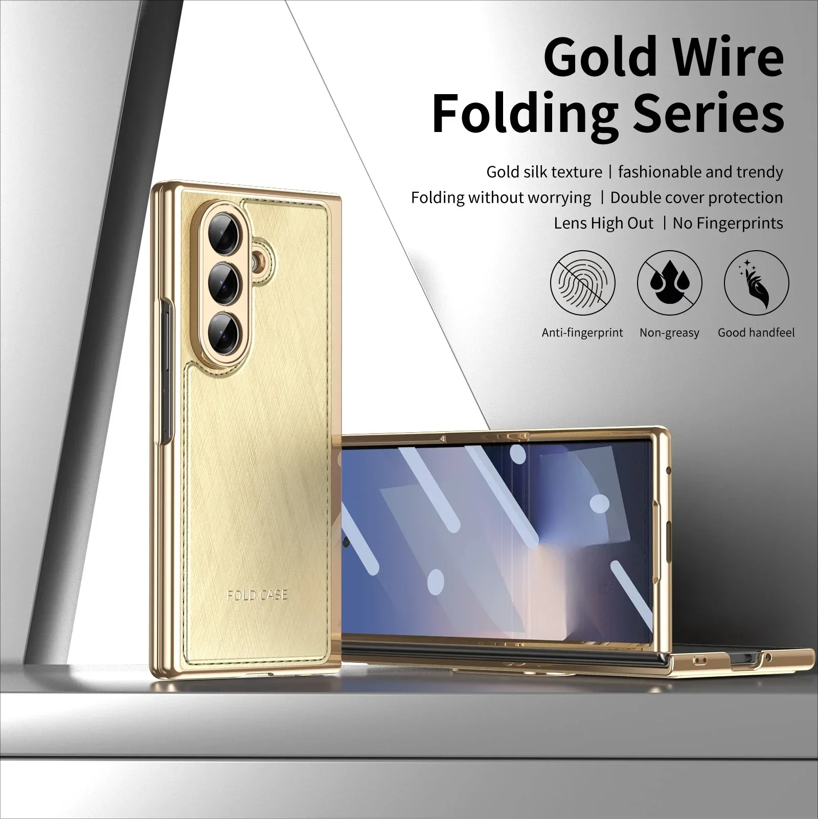 

Golden Border Leather Cover for Samsung Galaxy Z Fold 7 6 5 4 3 Fold7 5G Phone Case with Steel Film Hinge Protective